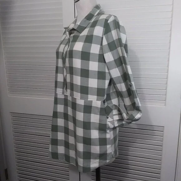 Caslon Green‎ White Large Check Cotton Flannel Tunic Roll Tab Sleeves Size Small - Picture 10 of 11